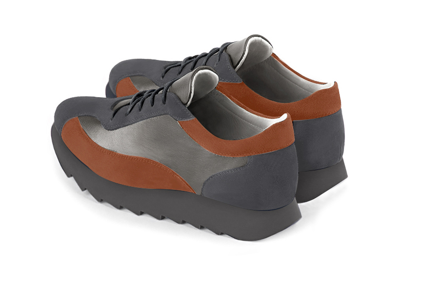 Dark grey and terracotta orange women's elegant sneakers. Round toe. Low rubber soles. Rear view - Florence KOOIJMAN